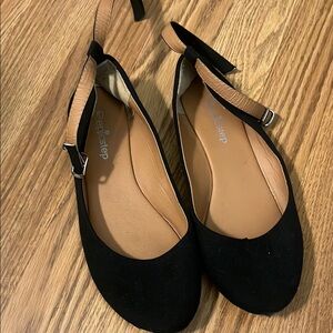 Black Suede Flats with Ankle Straps and Tan Insole